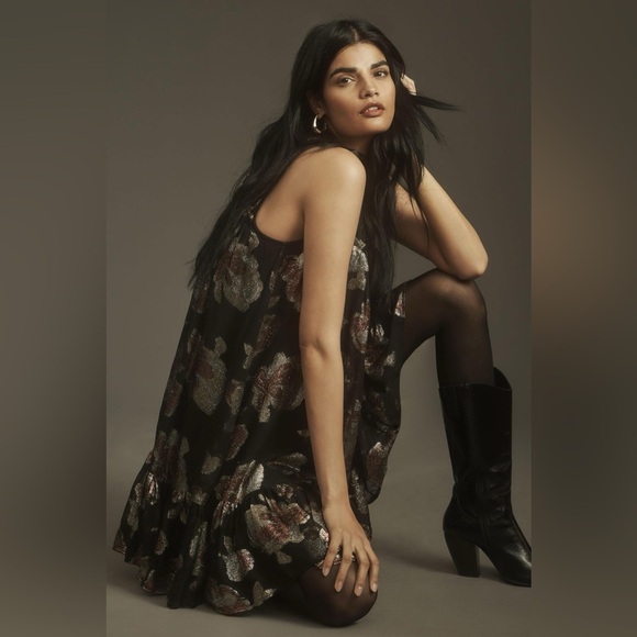 MAEVE NWT | Anthropologie Halter Shine Swing Mini Dress Black Gold Silver - Picture 3 of 13